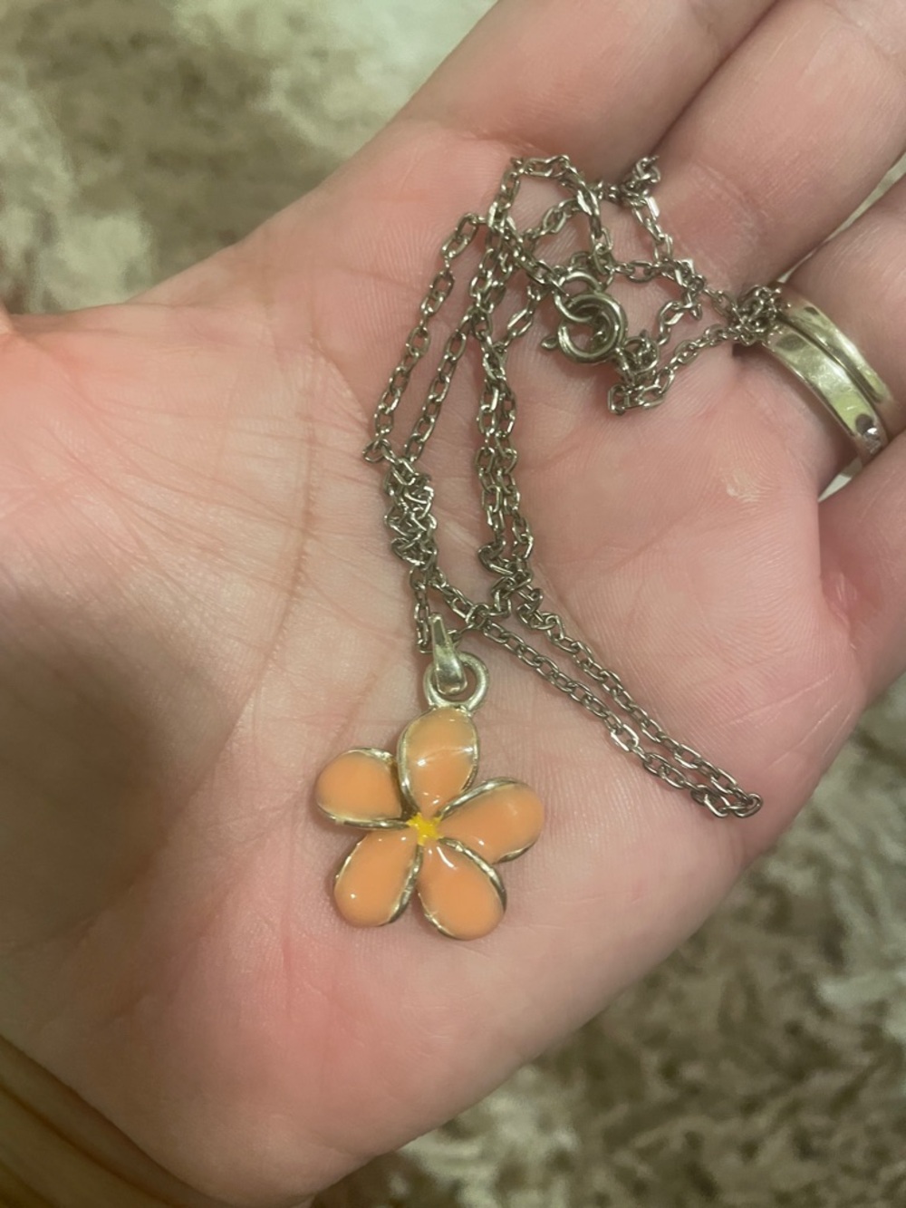 Source Unknown Silver-Tone Necklace with Peach Enamel Flower Pendant